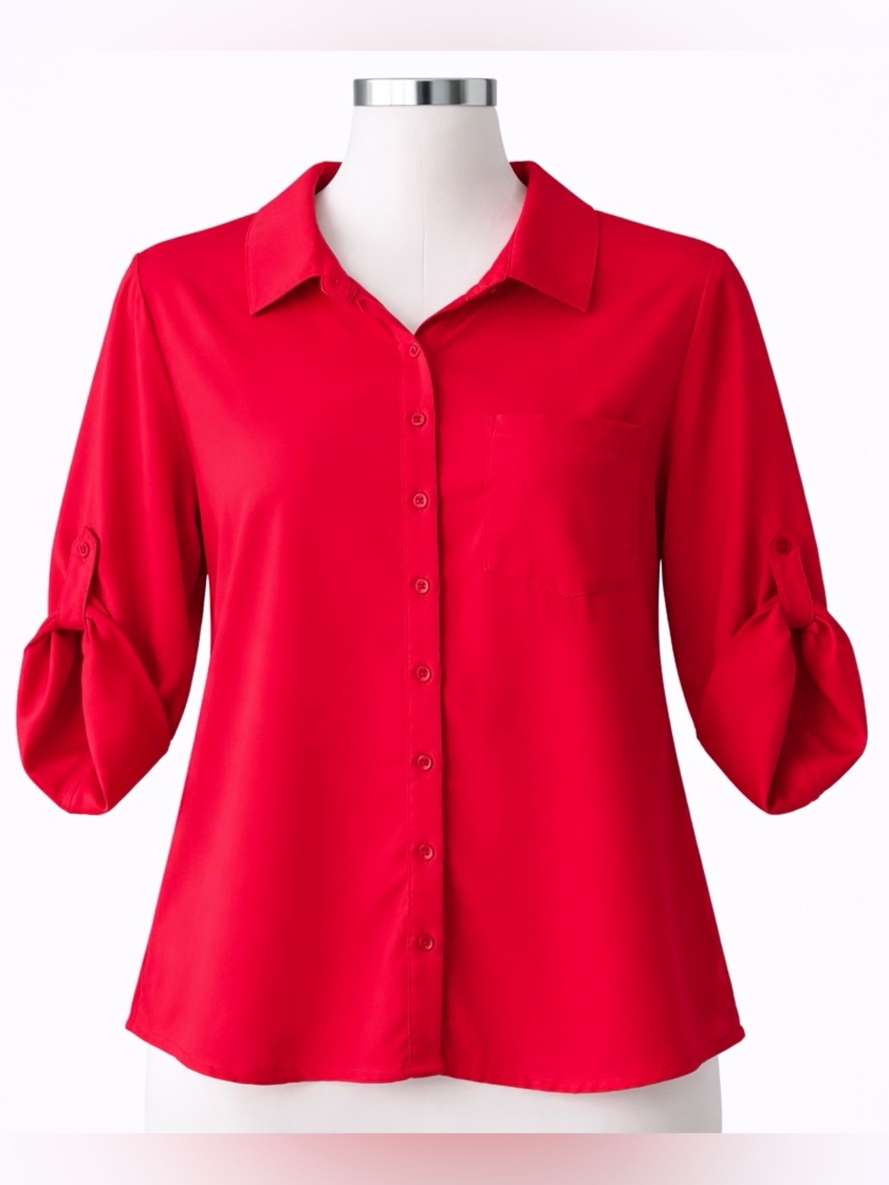 MM Couture Vibrant Red Satin Button Front Roll Tab Blouse Top Size Medium
